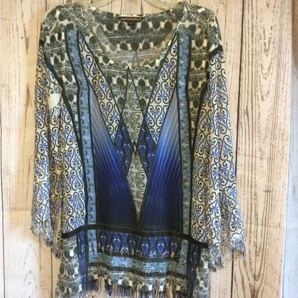 Mushka by Sienna Rose Bohemian Blue and White Women's Sexy Sheer BOHO Top Size L